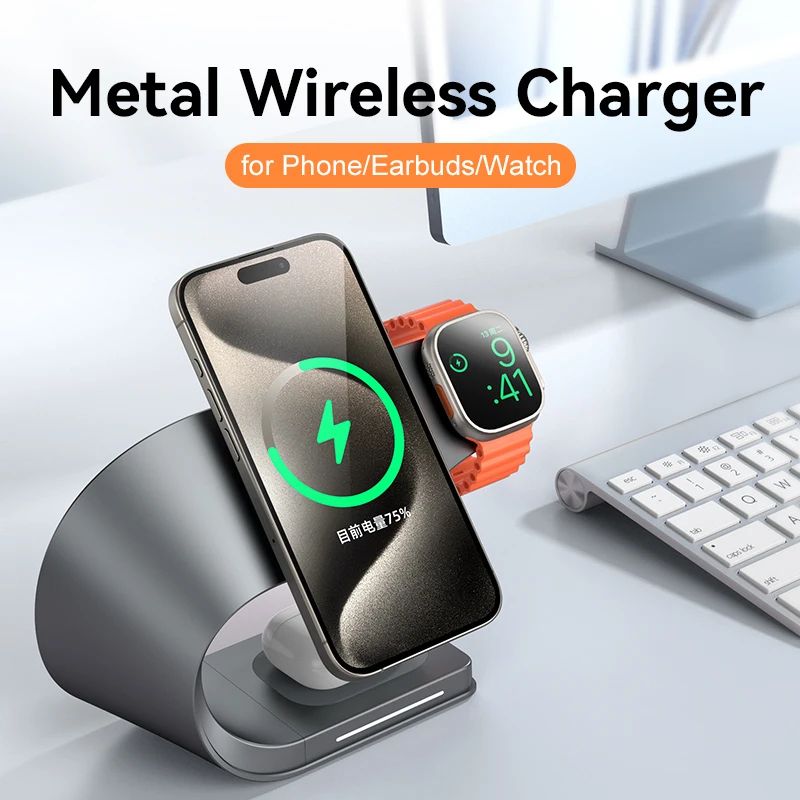 4-in-1 Magnetic Wireless Charging Station 15W Fast Charger Stand for iPhone, AirPods & Apple Watch