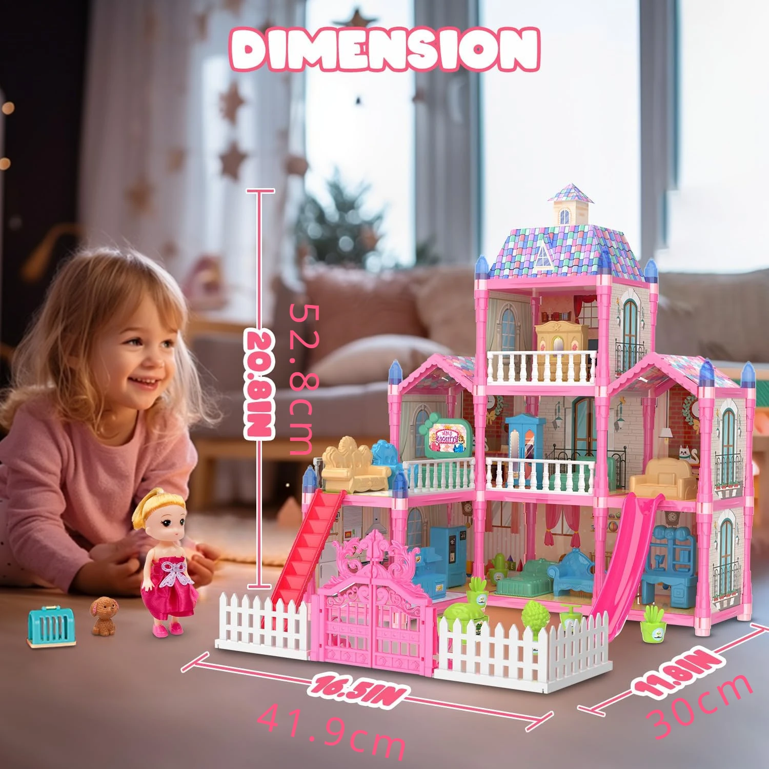 Princess Playhouse Set, Luminous Doll House Dreamhouse for Girls with Dolls, Furniture & Pretend Play Accessories