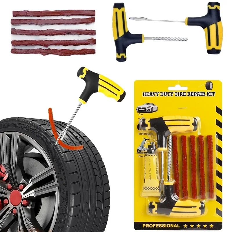 Car Tire Repair Kit with Puncture Plugs, Reamer and Insertion Tools, Tire Strip Repair Set for Emergency Flat Fix