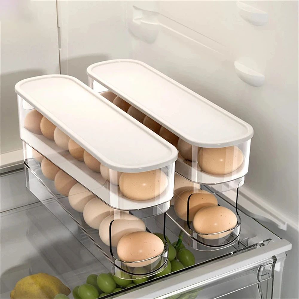 Double-Layer Automatic Egg Roller Storage Rack – Slide Type Refrigerator Egg Holder for Kitchen Counter & Side Door
