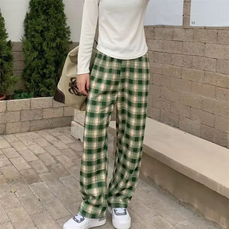 Women's Plush Wide Leg Plaid Pants Warm Cashmere Style Loose Winter Trousers