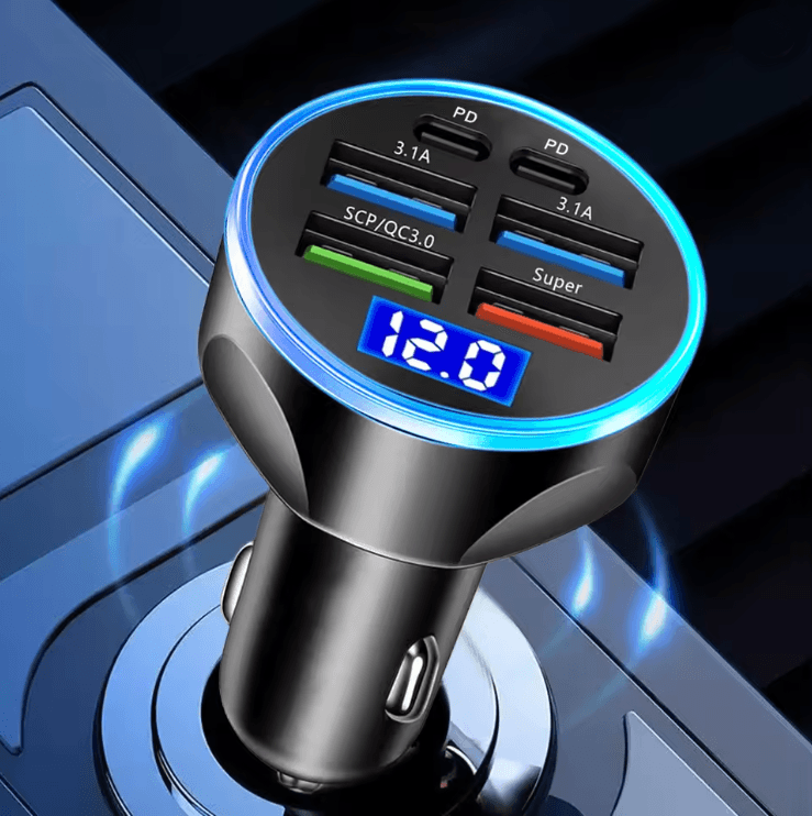 250W PD Fast Car Charger with 6 in 1 Ports and Digital Display