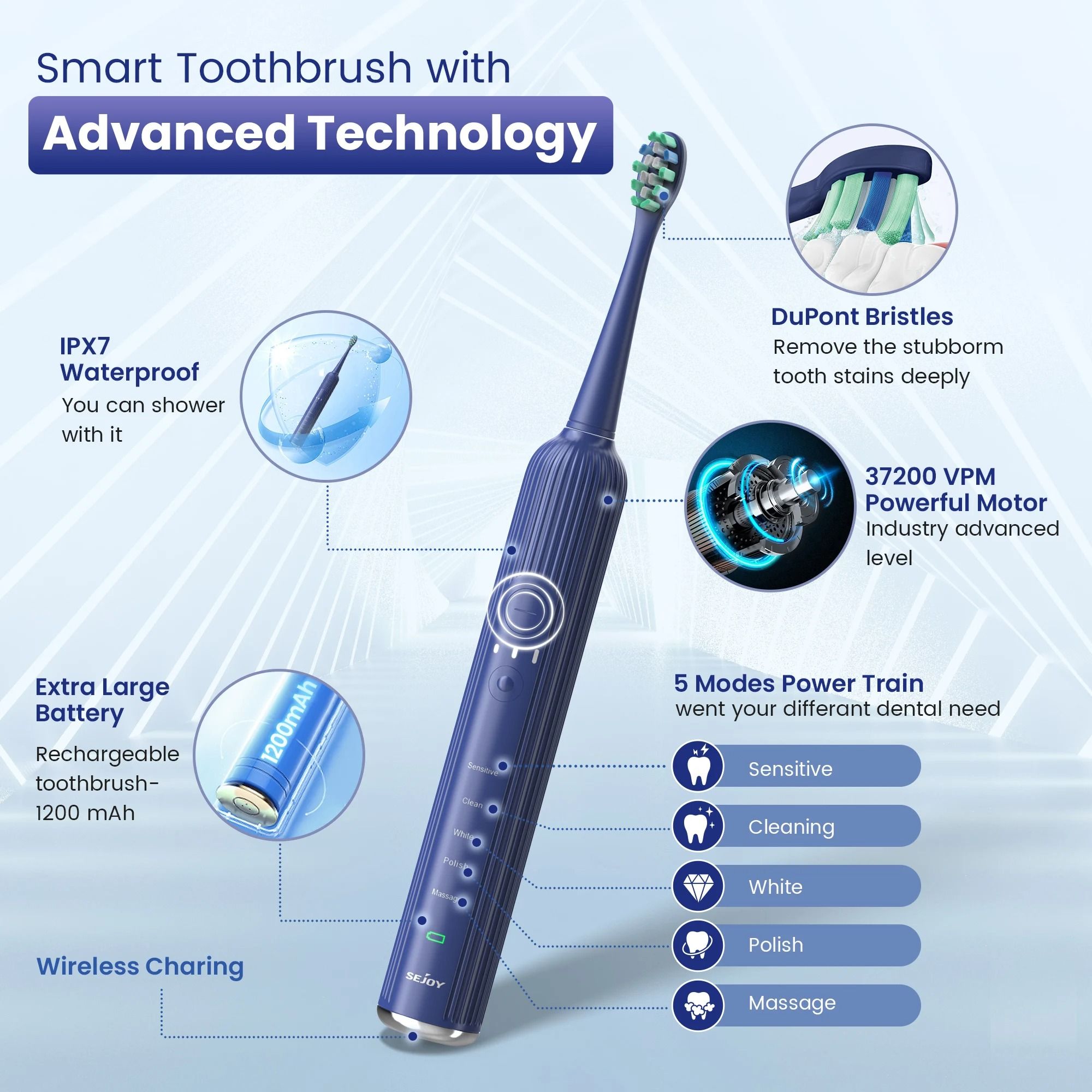 Sonic Electric Toothbrush Rechargeable with 5 Modes and 6 Brush Heads