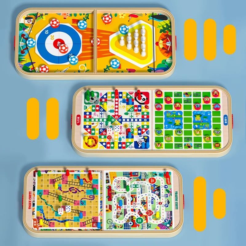 Wooden Multi Game Board Set Bounce Chess Hockey and Bowling Family Game