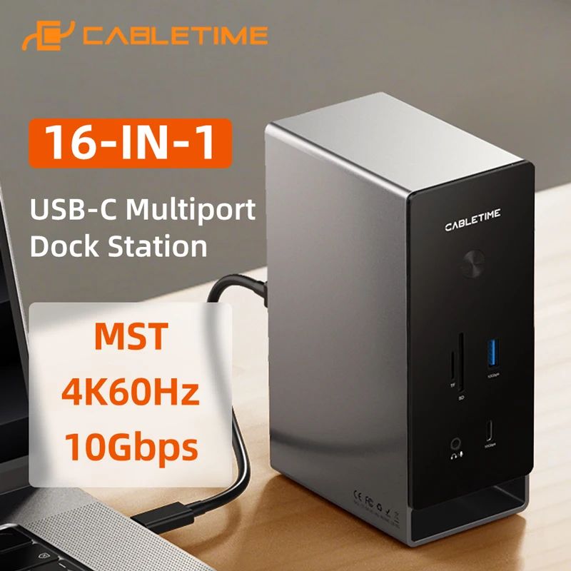 CABLETIME ProExpand 16-in-1 USB C Docking Station – 4K60Hz Type C Dock with HDMI, PD100W & Gigabit Ethernet