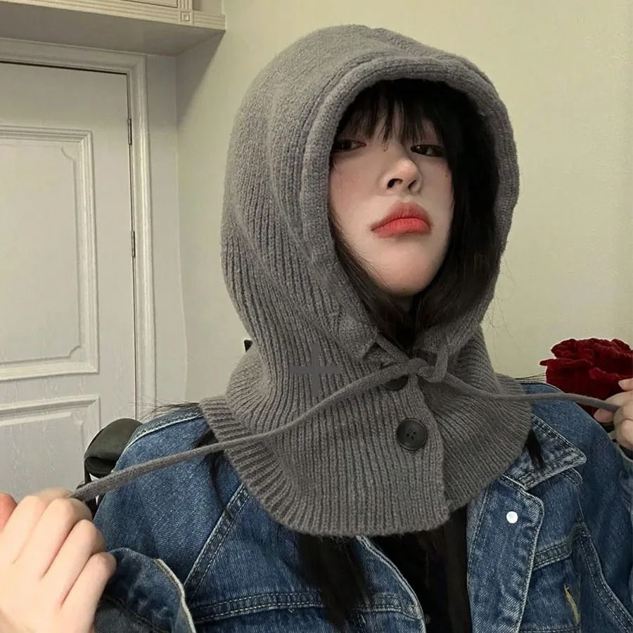 Knitted Hooded Balaclava Beanie with Neck Cover Warm Winter Hat for Women