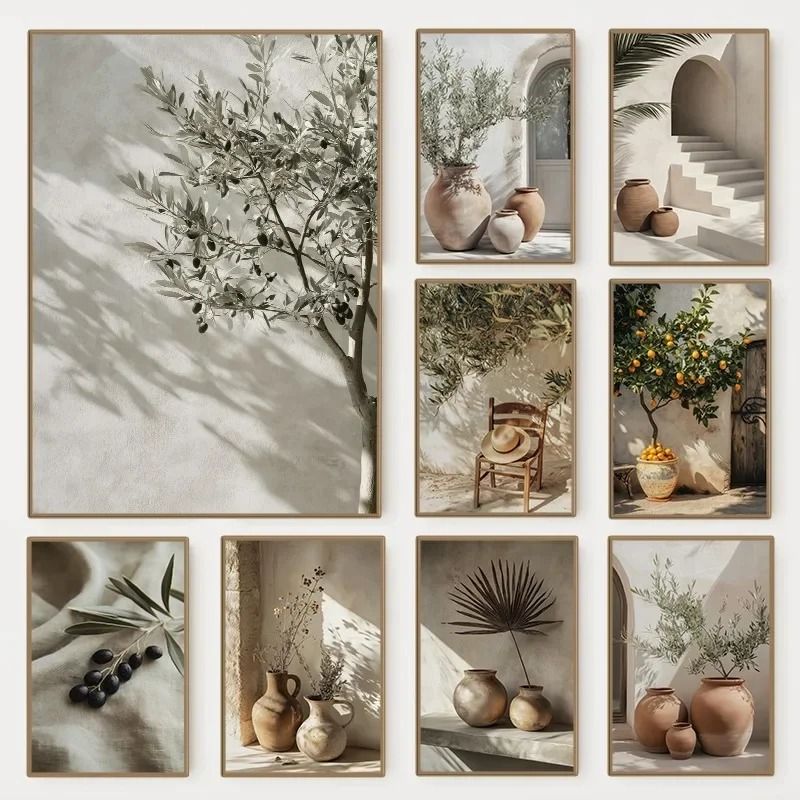 Minimalist Olive Tree Pottery Poster | Mediterranean Still Life Canvas | Rustic Country Room Natural Plant Decor