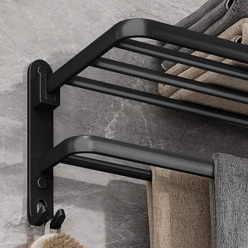 Matte Black Folding Towel Rack with Hook – 50cm Wall Mounted Aluminum Towel Holder