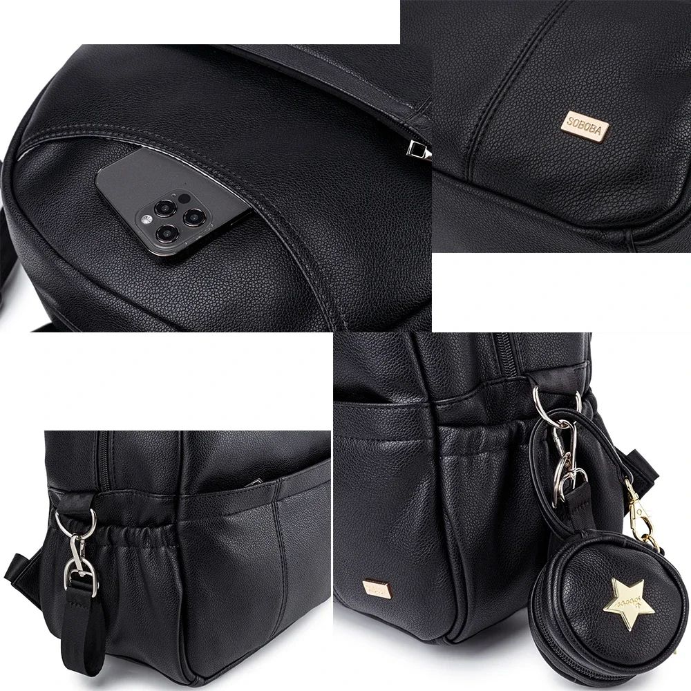 Modern Black PU Diaper Backpack Large Capacity Waterproof Baby Bag