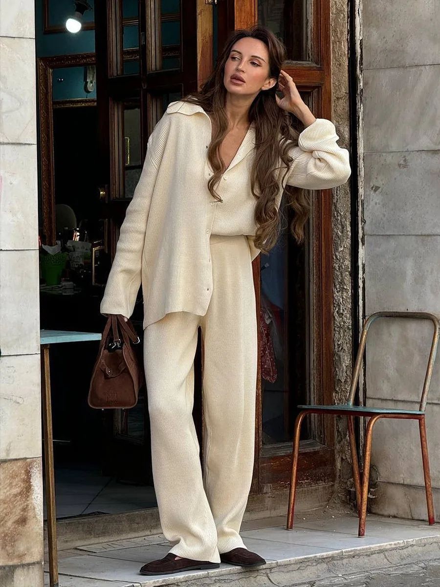 Bornladies Women's Knit Cardigan & Pants Set – Autumn Winter Loose Two-Piece Office Sweater Outfit