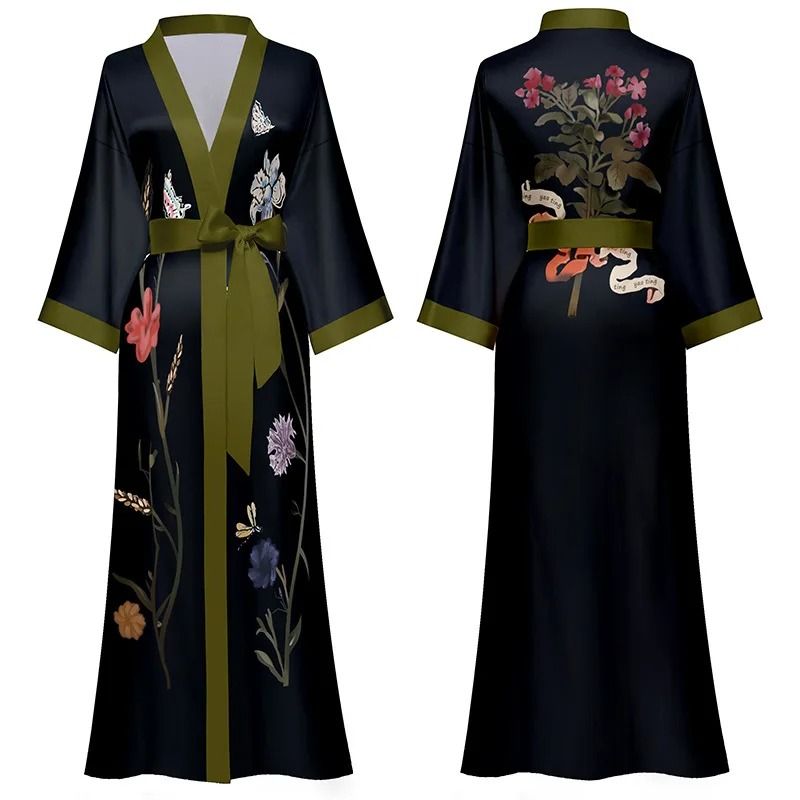 Floral Print Long Kimono Robe & Nightgown Set