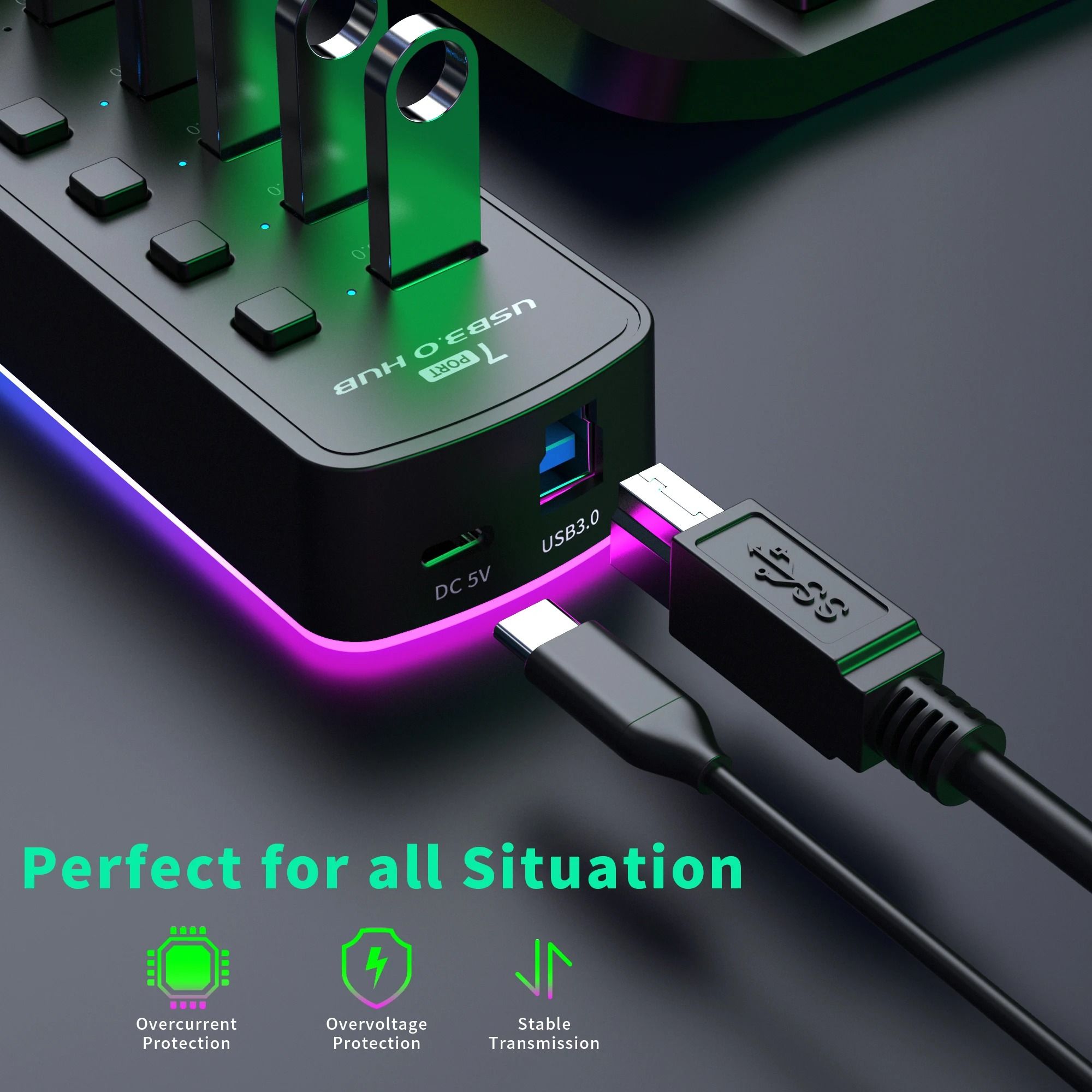 RGB USB 3.0 Hub 7 Ports Data Port Adapter 5Gbps Individual On Off Switch