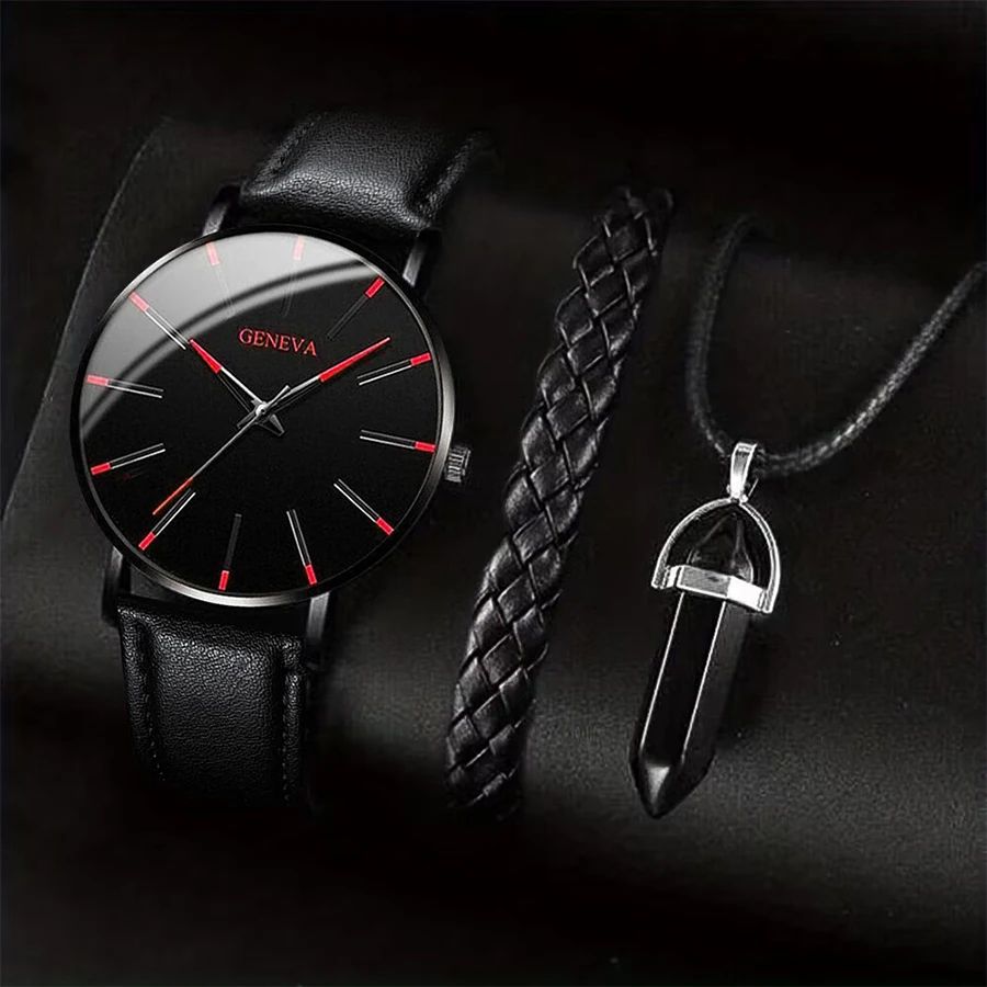Mens Business Leather Watch Necklace Bracelet Set