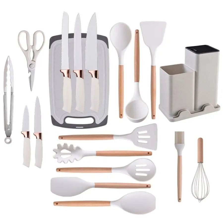 19 Piece Silicone Kitchenware Set with Knives Cutting Board and Utensils