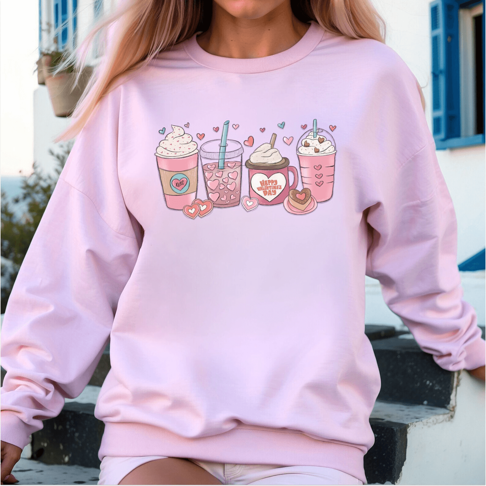Valentines Coffee Sweatshirt for Women Love Heart Crewneck Cute Casual Valentine Pullover
