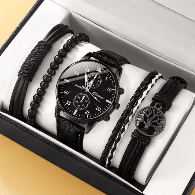 5PCS Mens Quartz Watch and Bracelet Set Leather Strap Business Casual Fashion Wristwatch Gift Set