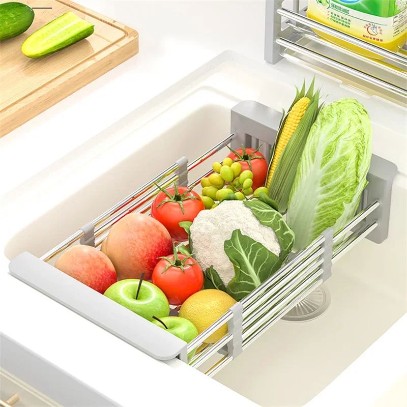 Stainless Steel Kitchen Sink Drain Rack, Extendable Dish Drying Rack, Fruit Vegetable Washing Drainer