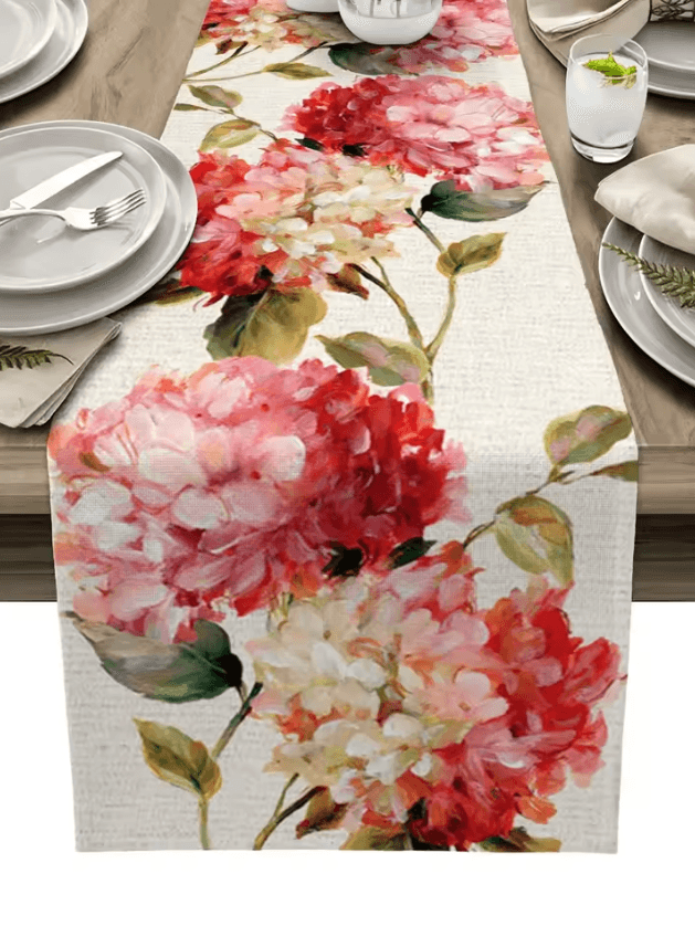 Vintage Tulip Floral Linen Table Runner – Farmhouse Oil Painting Style Dining Decor