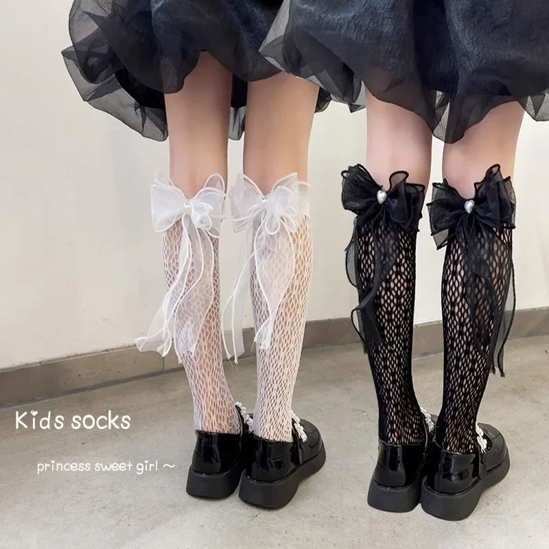 Four-Season Girls' Bow Mesh High-Tube Socks