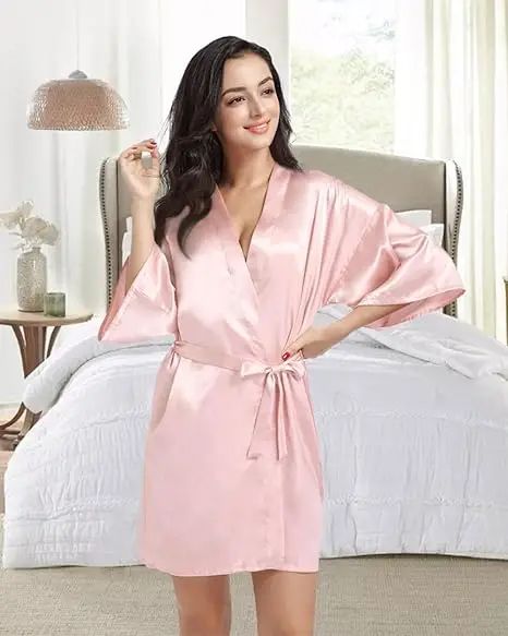 Women's Luxury Satin Silk Kimono Robe Navy Blue Bridesmaid Short Sleeve Bathrobe