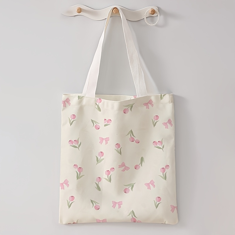 Tulip Print Canvas Tote Bag Reusable Floral Handbag Backpack