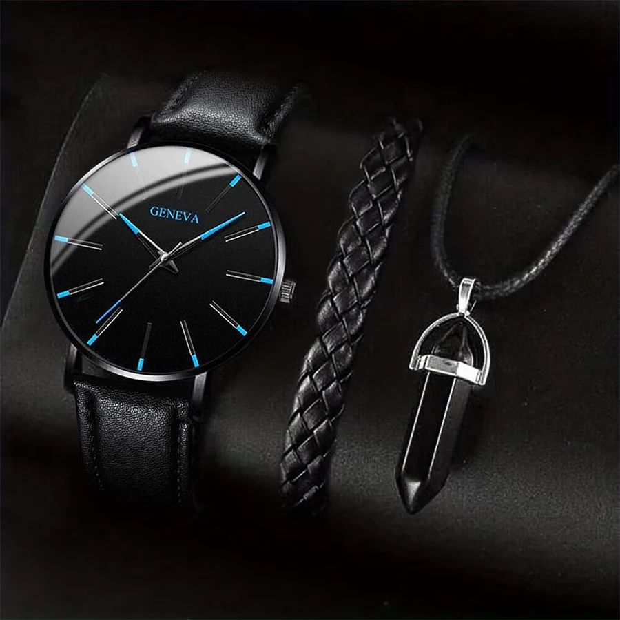 Mens Business Leather Watch Necklace Bracelet Set