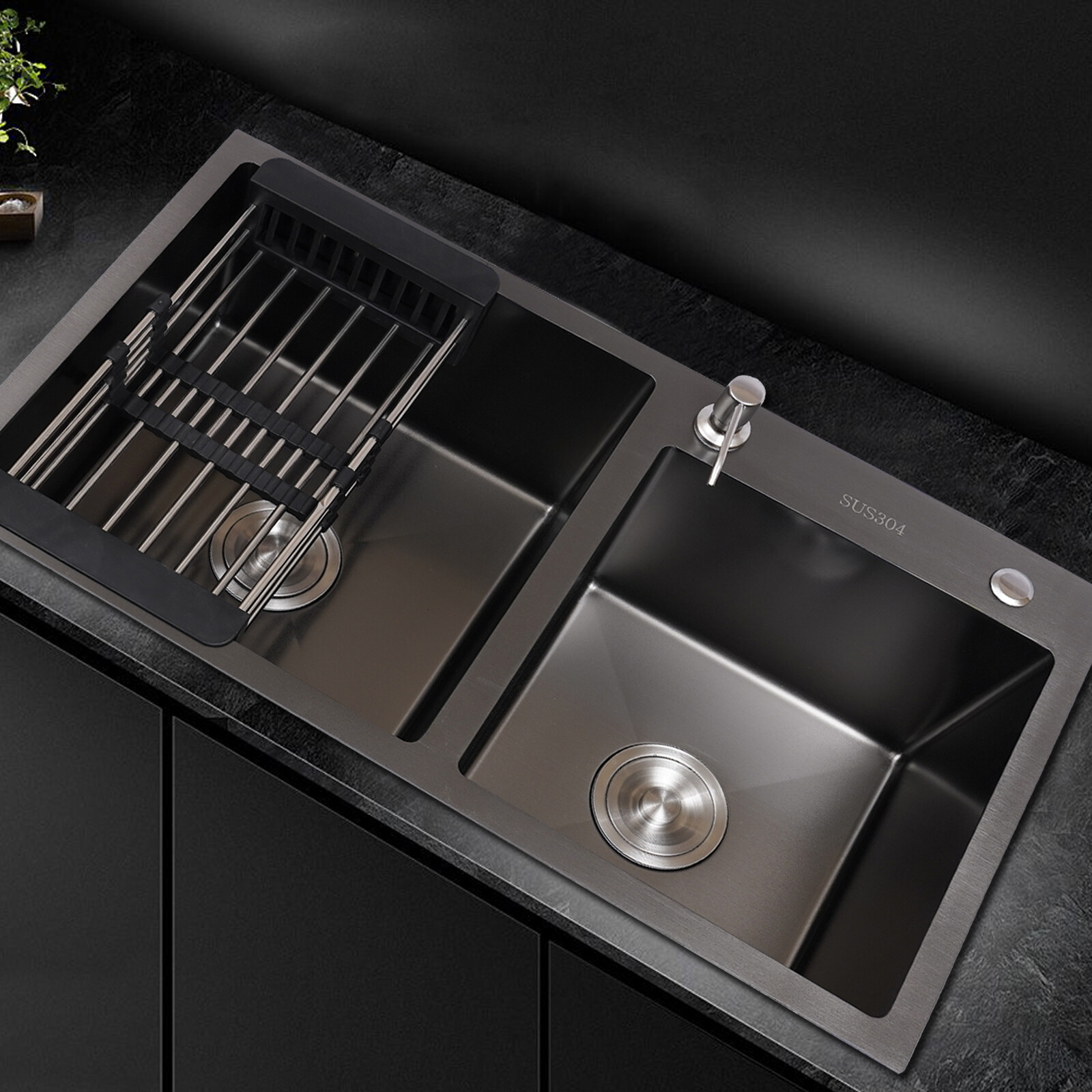 Kitchen Sink Double Bowl, Stainless Steel Inset Basket W/Drainer and Soap Dispenser
