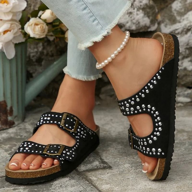 Summer Suede Flat Slipper Women Soft Bottom Rivet Street Slide Buckle Strap