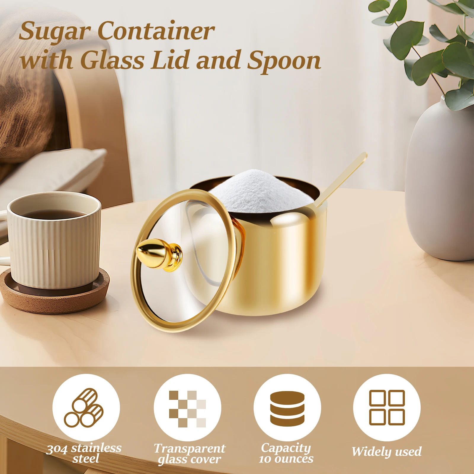 Stainless Steel Sugar Jar with Glass Lid and Spoon