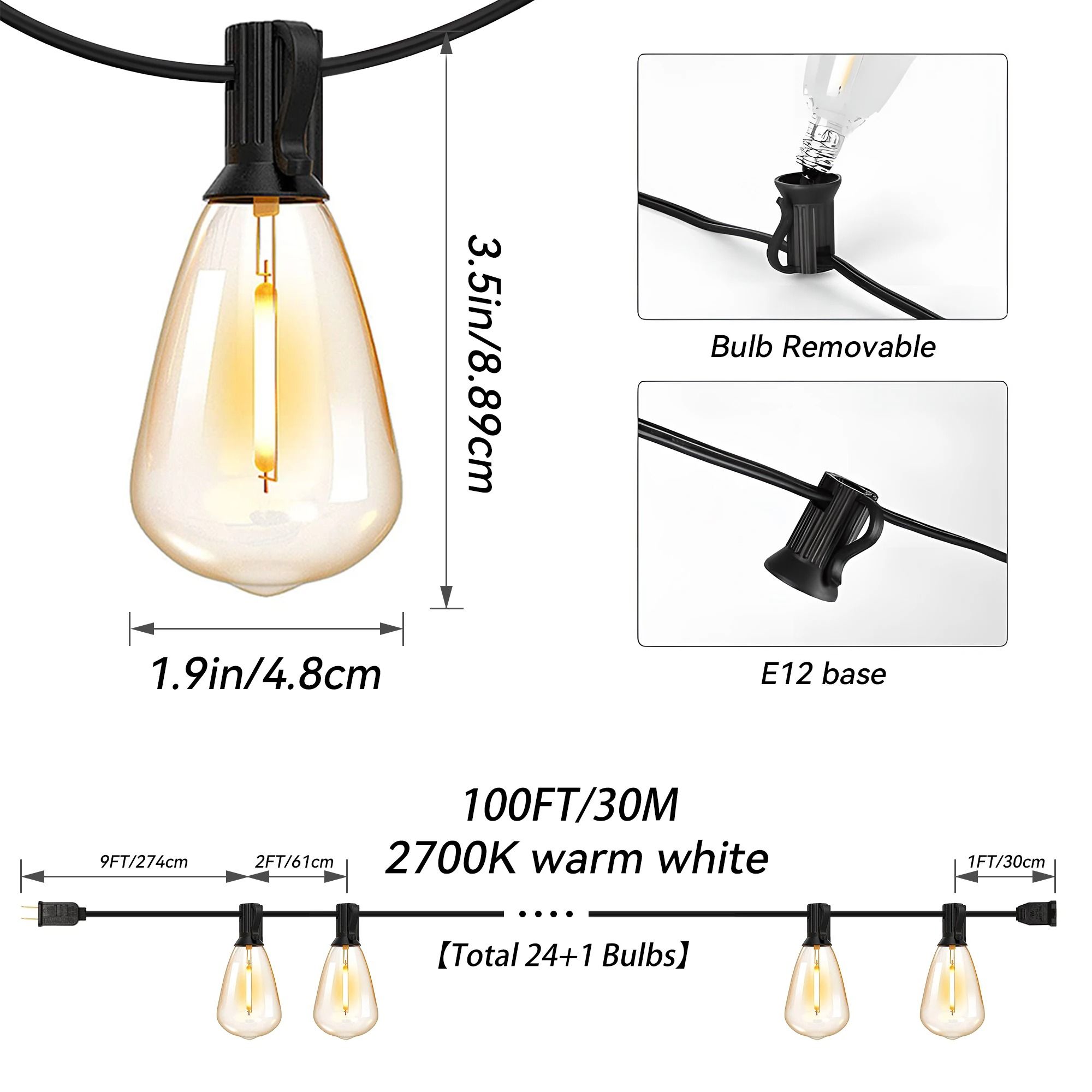 100ft Outdoor String Lights ST38 Globe LED Patio Lights with 24 Edison Vintage Bulbs