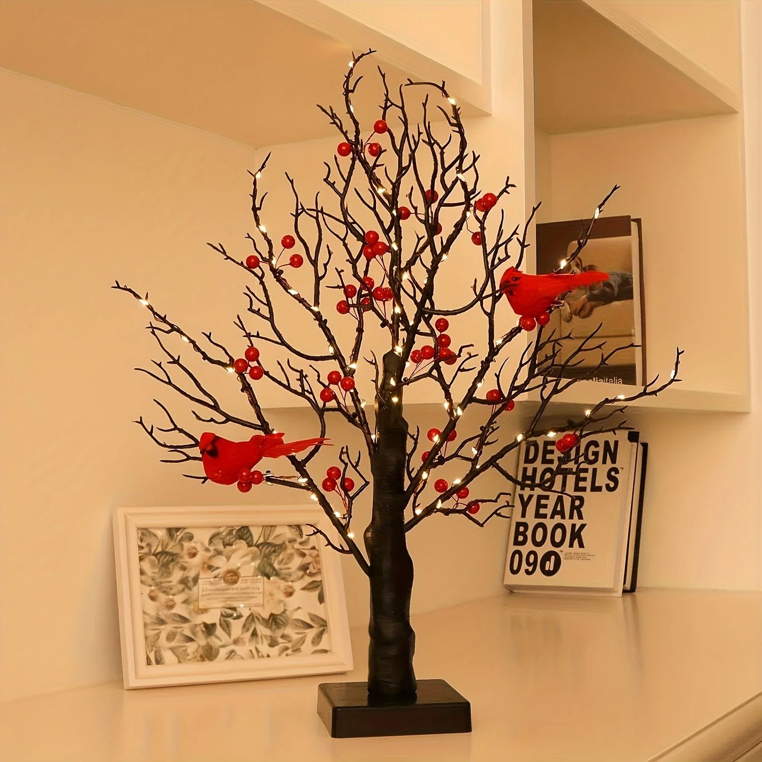 21-Inch LED Bonsai Tree with Red Birds – Lighted Artificial Birch Decor for Christmas & Home