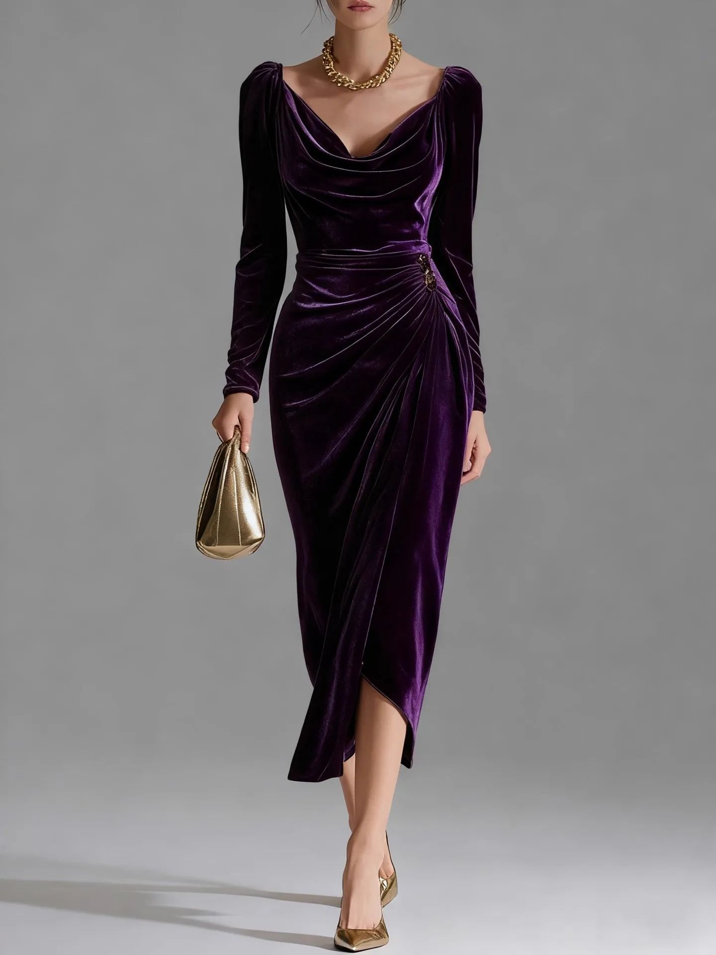 Casual Gold Velvet Sexy Bodycon Dress, European and American Womens Long Sleeve Slim Pleated Split Style