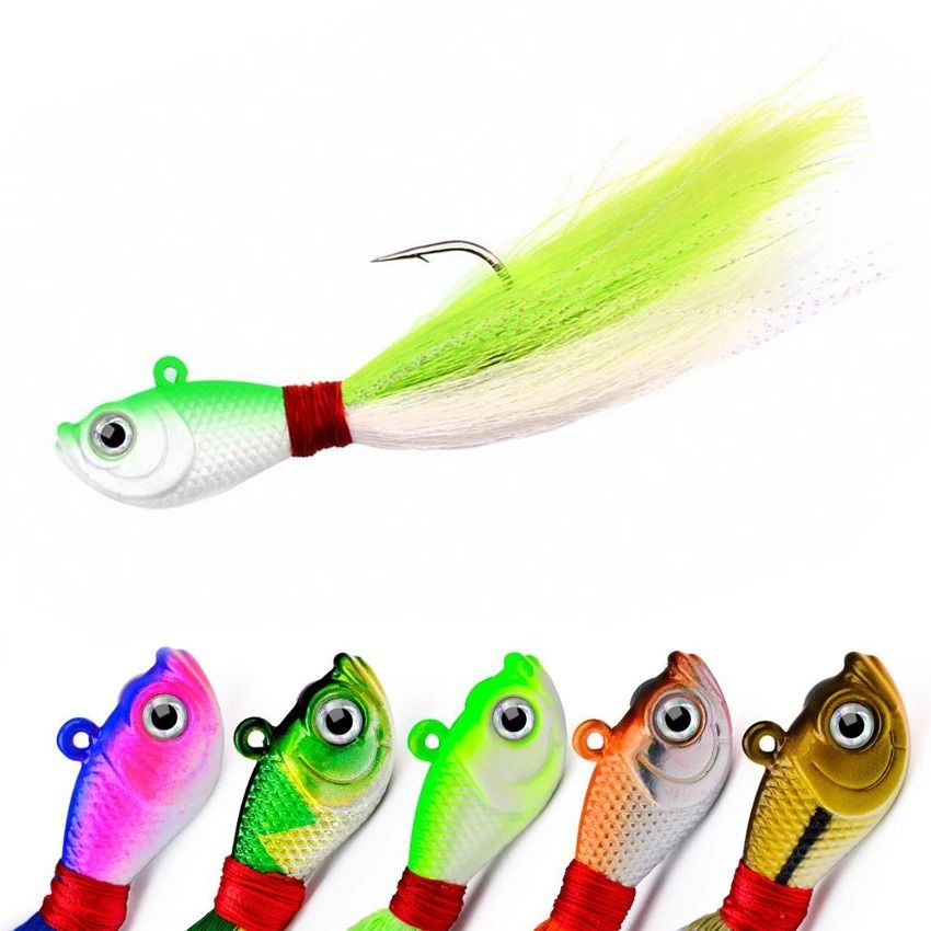 Bucktail Jig Head Lure with 3D Eyes Deer Hair Feather Hook for Bass and Saltwater Fishing