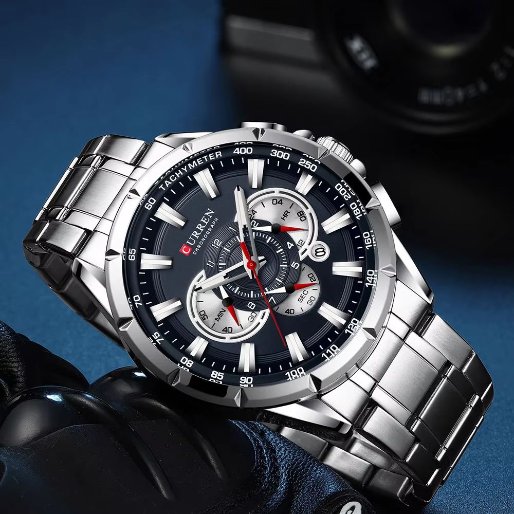 CURREN Men's Chronograph Watch – Stainless Steel Sport Wristwatch with Big Dial & Luminous Hands