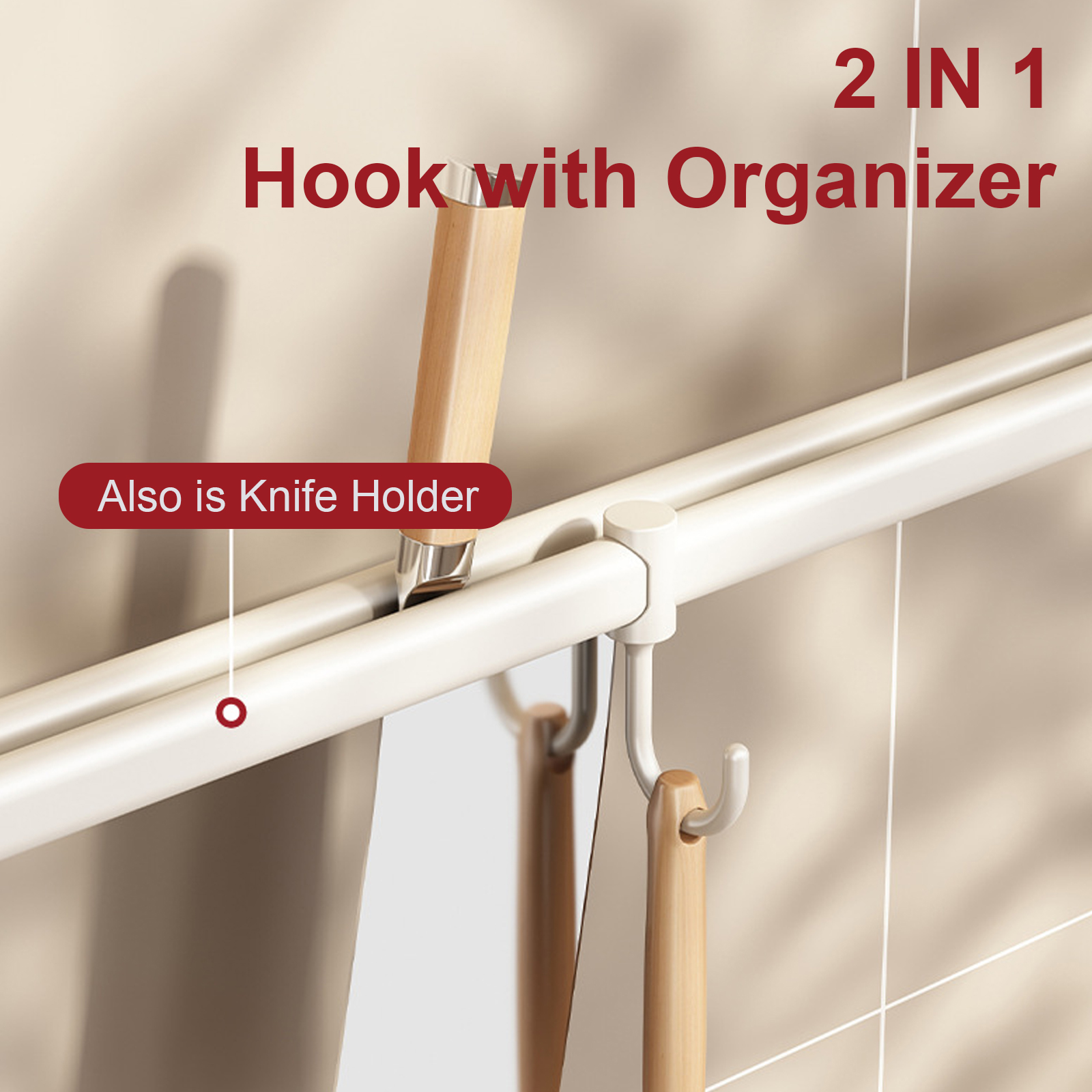 Wall Mounted Kitchen Hook Rack, No-Punching Wall Hangers, Rail Kitchen Utensils Rack, Spoon Shovel, Chopping Board