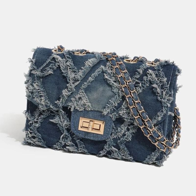 Trendy Shredded Denim Diamond Crossbody Chain Bag