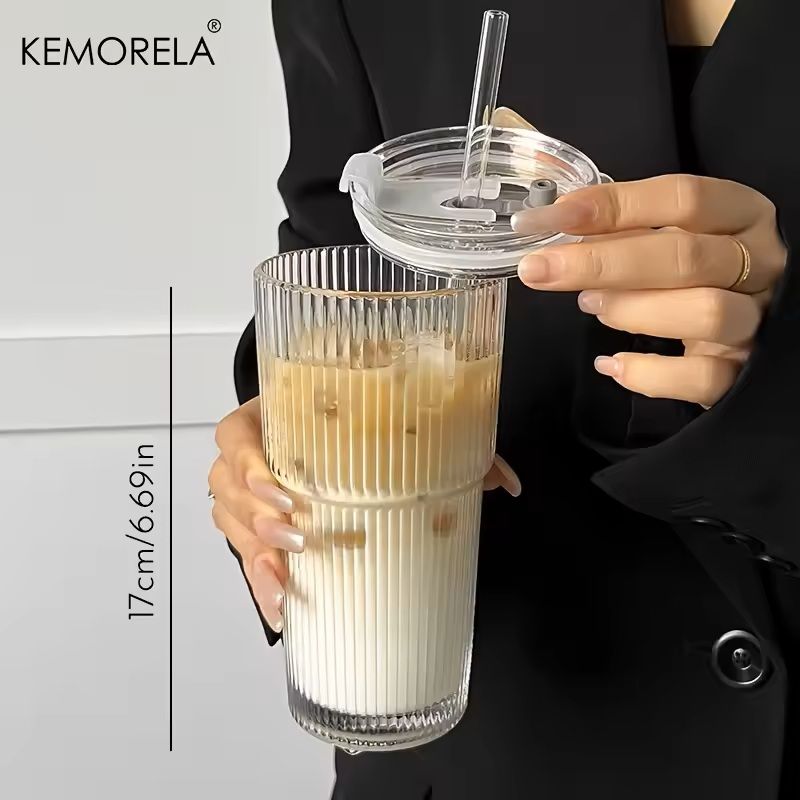 600ML Stripe Glass Coffee Cup with Lid and Straw