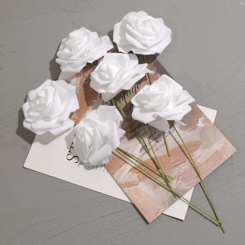 50pcs White PE Artificial Rose Heads with Stems for DIY Bouquets, Scrapbooking, Wedding & Party Decorations