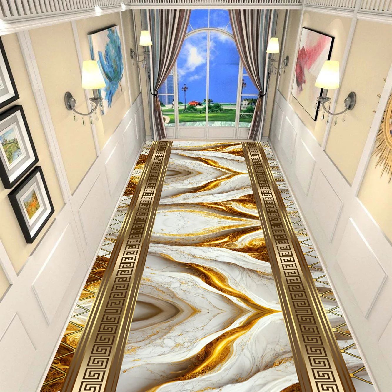 Golden Marble Runner Rug – Luxury Non-Slip Hallway & Stair Carpet