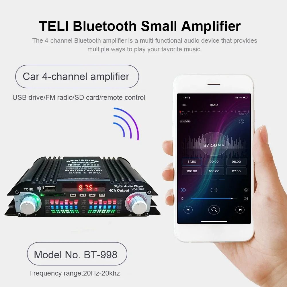 Bluetooth HiFi Power Amplifier 4 Channel Digital Audio Amplifier With FM And Remote