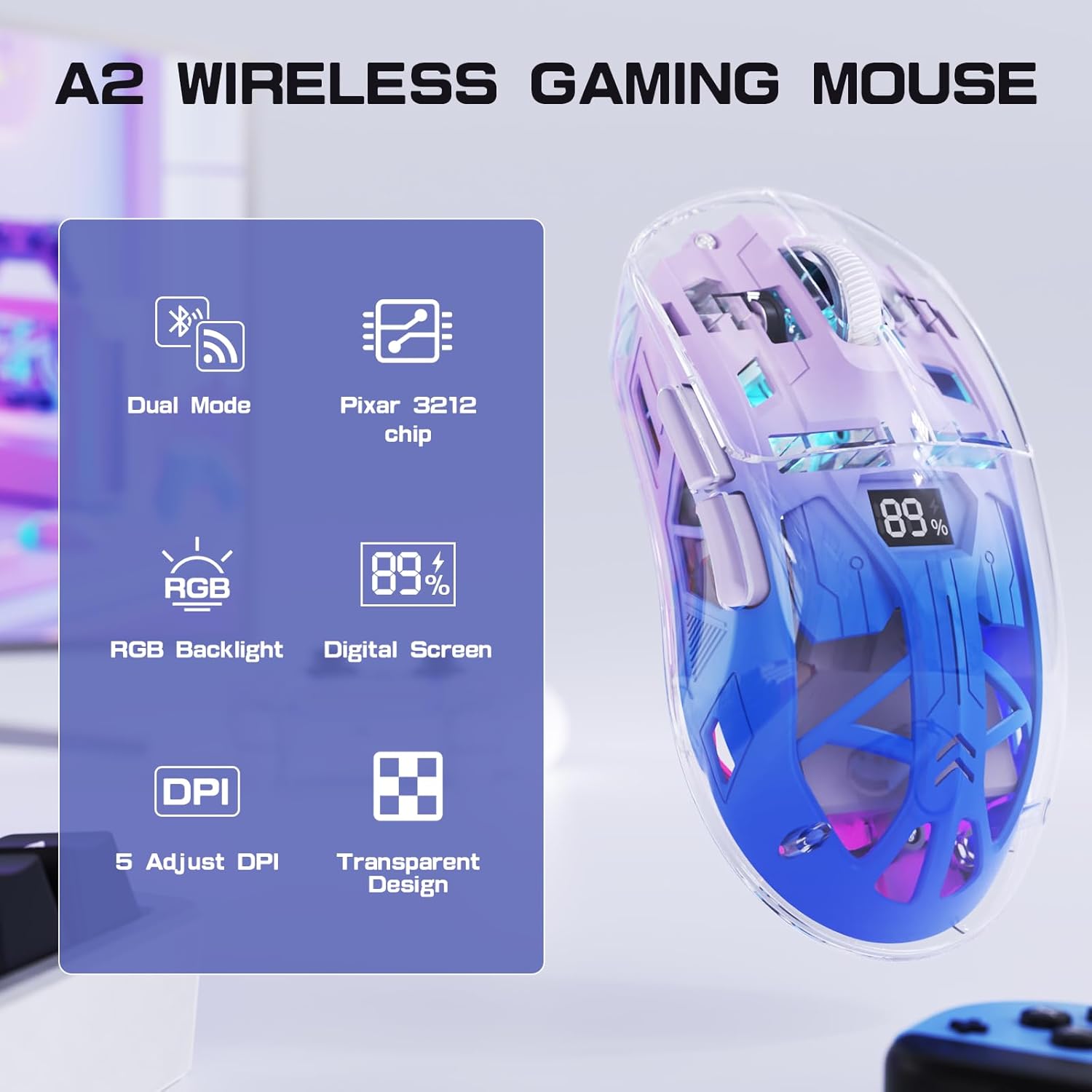 A2 Transparent RGB Wireless Gaming Mouse, BT , 2.4G, Digital Display, Rechargeable, PixArt Sensor, Adjustable DP