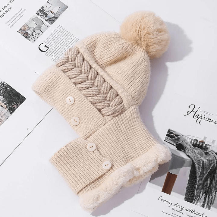 Womens Plush Fur Lined Winter Hat with Pompoms and Windproof Balaclava Design
