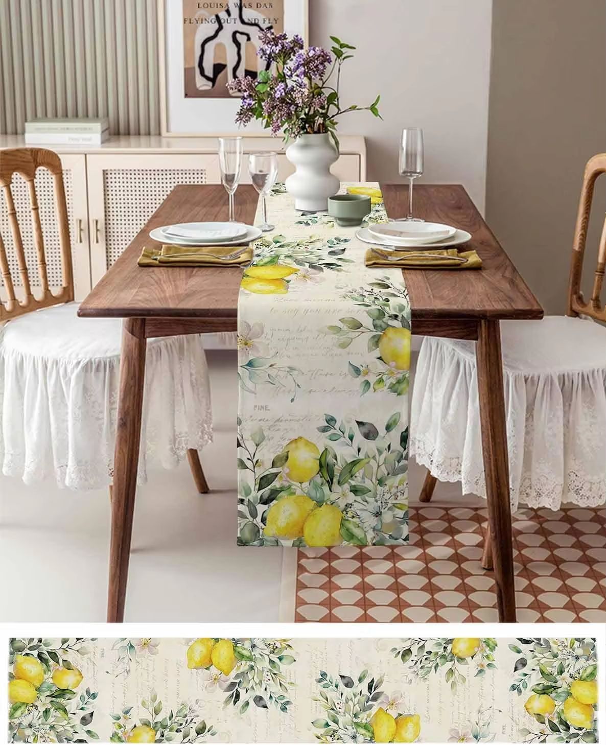Eucalyptus Lemon Floral Linen Table Runner for Dining Table Decor