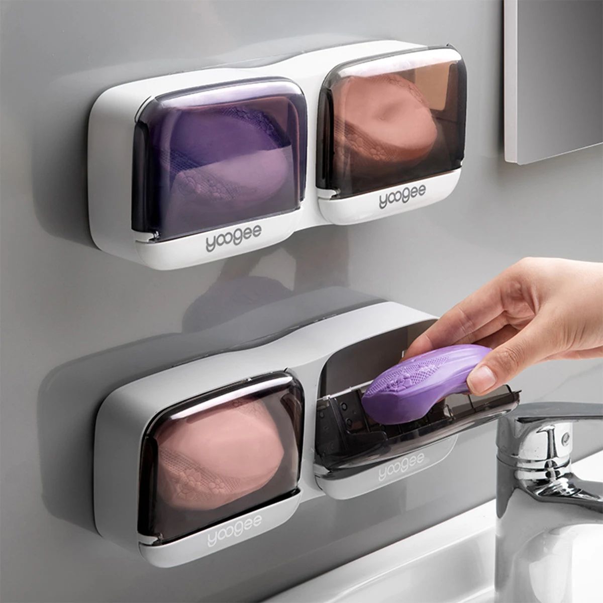 Flip-Lid Wall Mounted Soap Holder with Drain Tray, Self-Adhesive Soap Dish Organizer