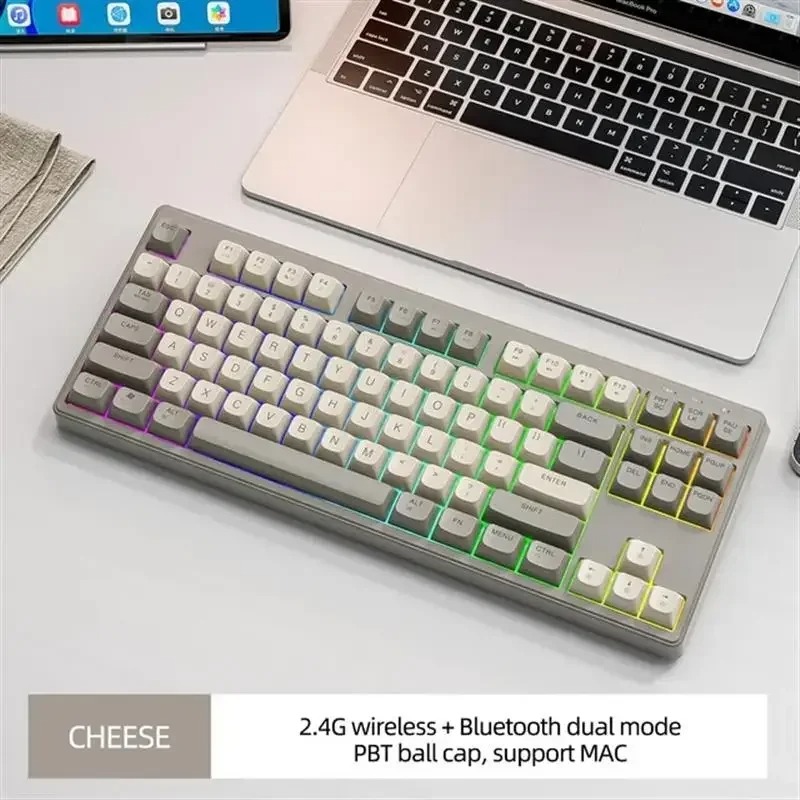 Wireless Keyboard Gaming, Dual Mode Bluetooth Keyboard with Rainbow Light RGB, PBT Ballcaps Silent Office Gaming