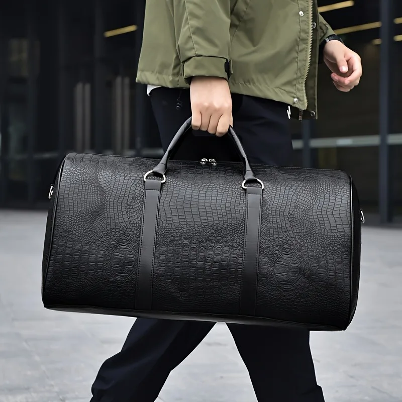 Large Capacity Crocodile Texture Travel Duffel Bag Retro Leather Style Weekender