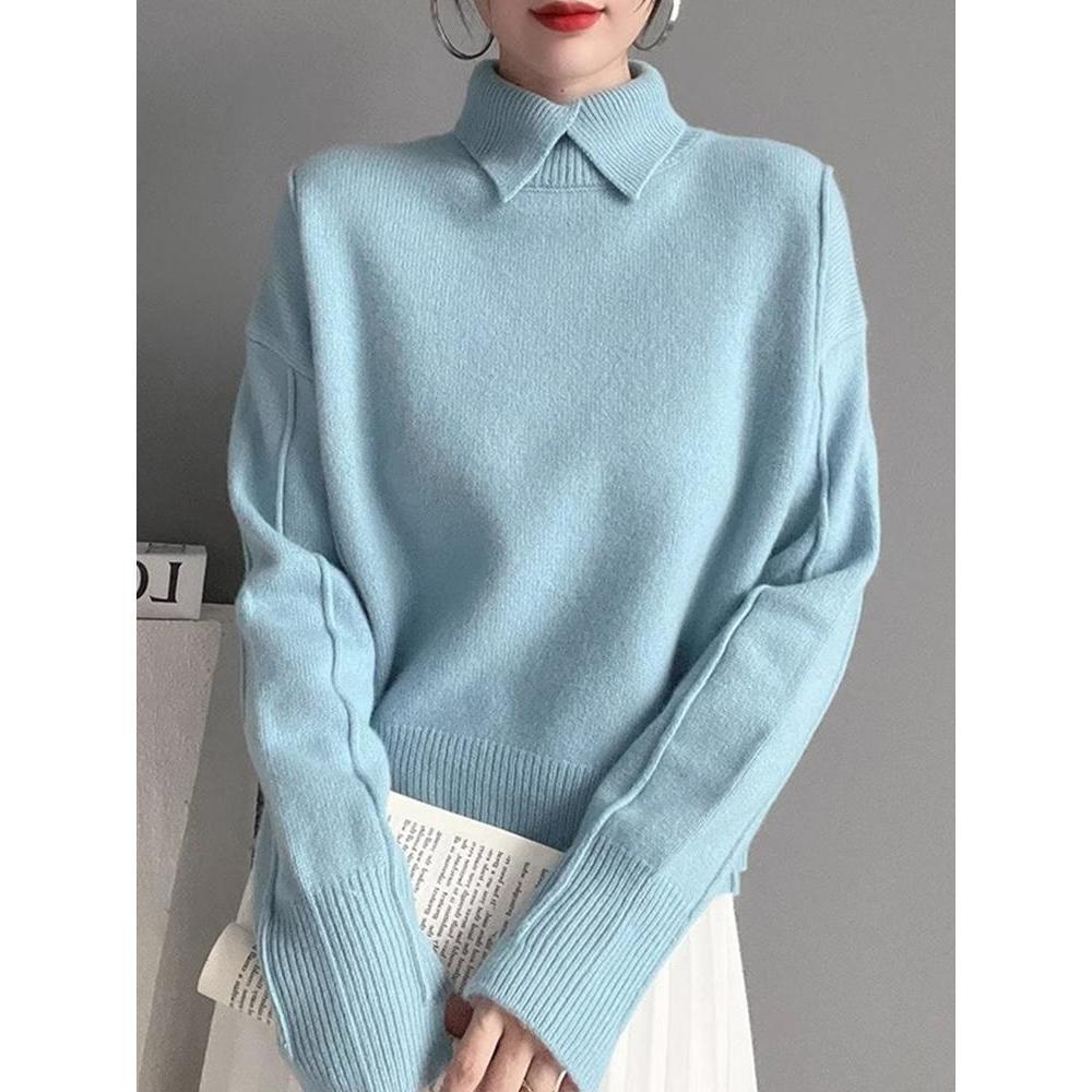 Women Elegant Knit Pullover Sweater Classic Turn Down Collar Winter Top for Ladies