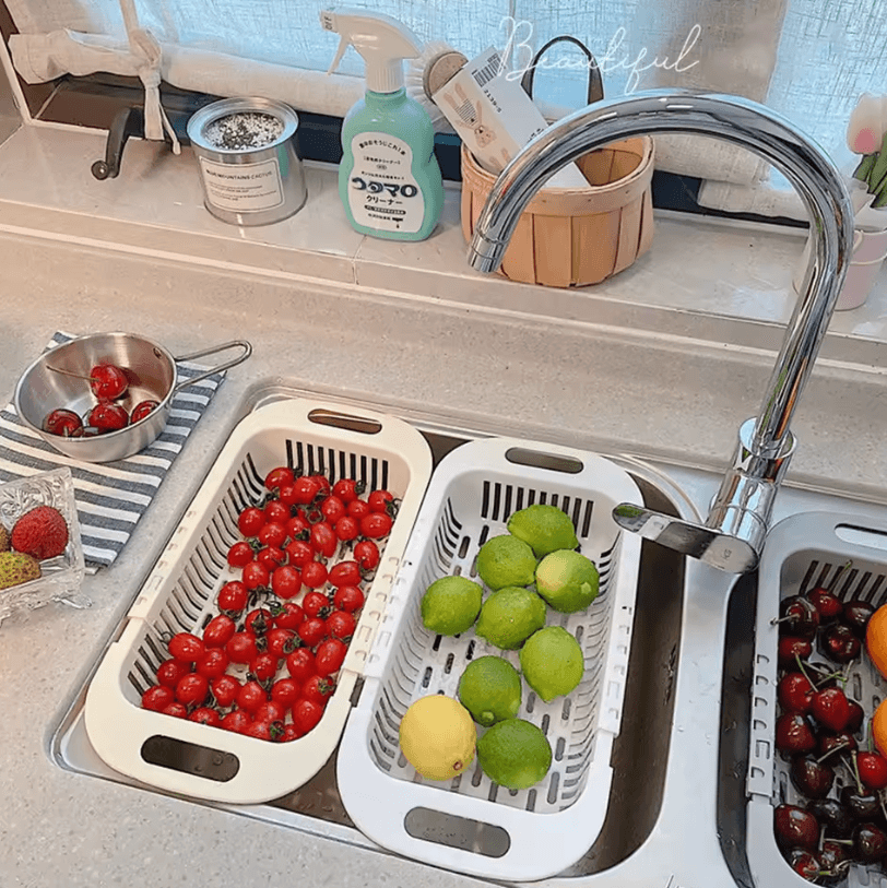 Retractable Sink Storage Rack – Drain Basket Fruit Basin and Kitchen Organizer
