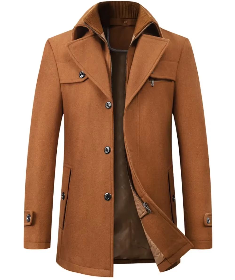 Classic Double Collar Men's Pea Coat – Elegant Men's Woolen Trench Coat Winter Overcoat