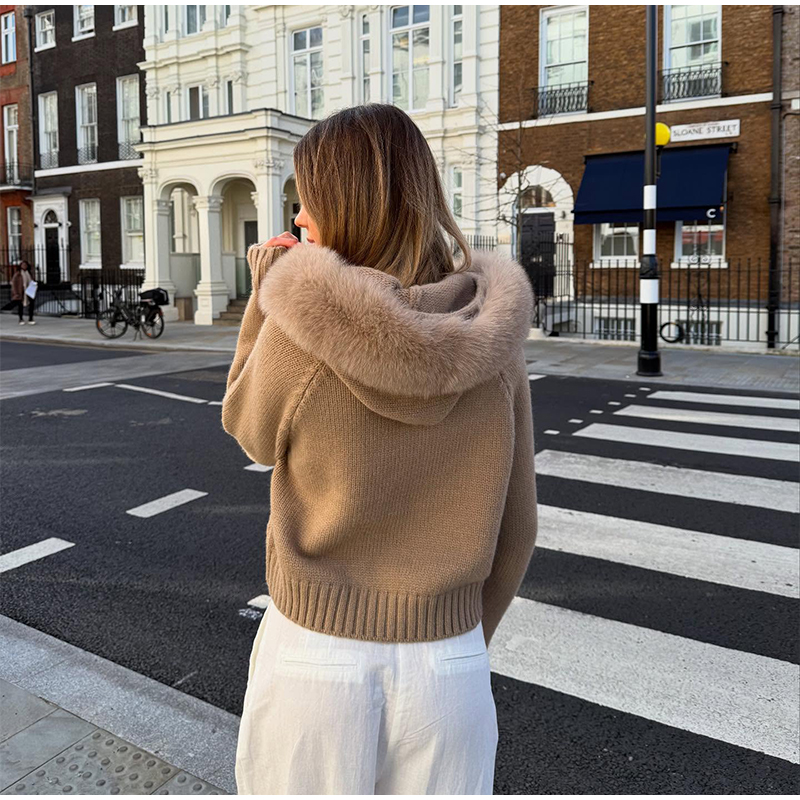 Women Fur Collar Autumn Sweater Coat Loose Fit Zipper Pullover
